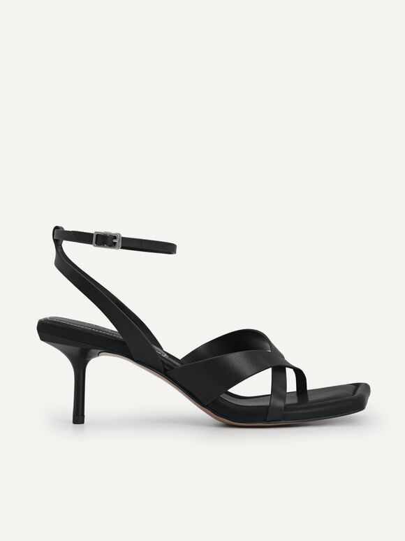 Strappy Square-Toe Heeled Sandals, Black