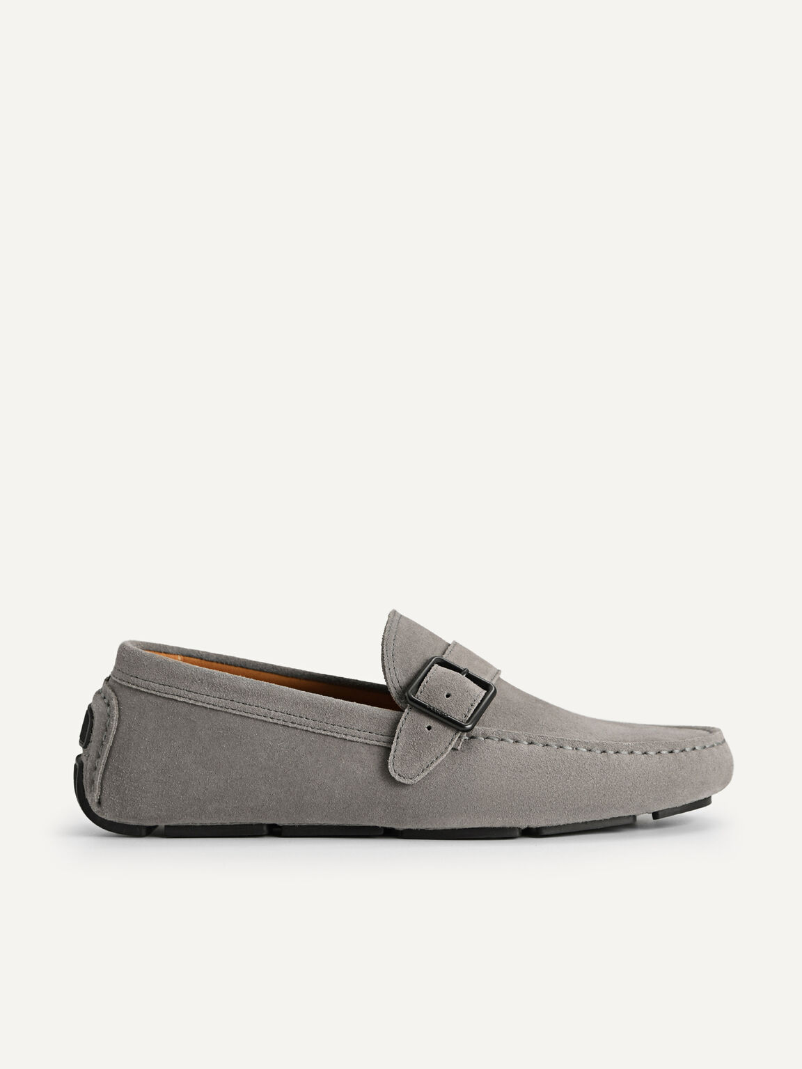 Suede Leather Moccasins with Buckle Detailing, Grey, hi-res