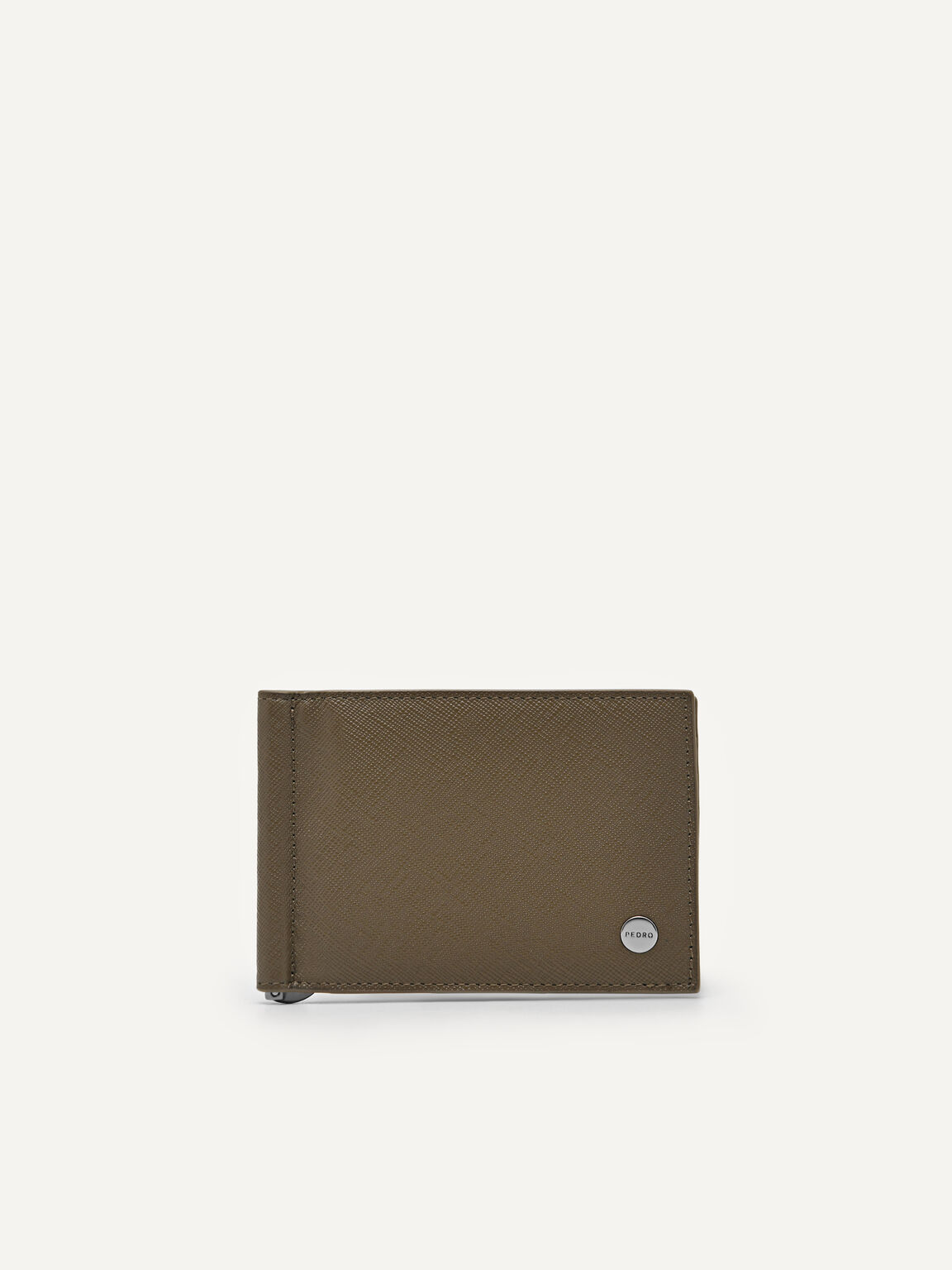 Textured Leather Bi-Fold Money Clip, Olive