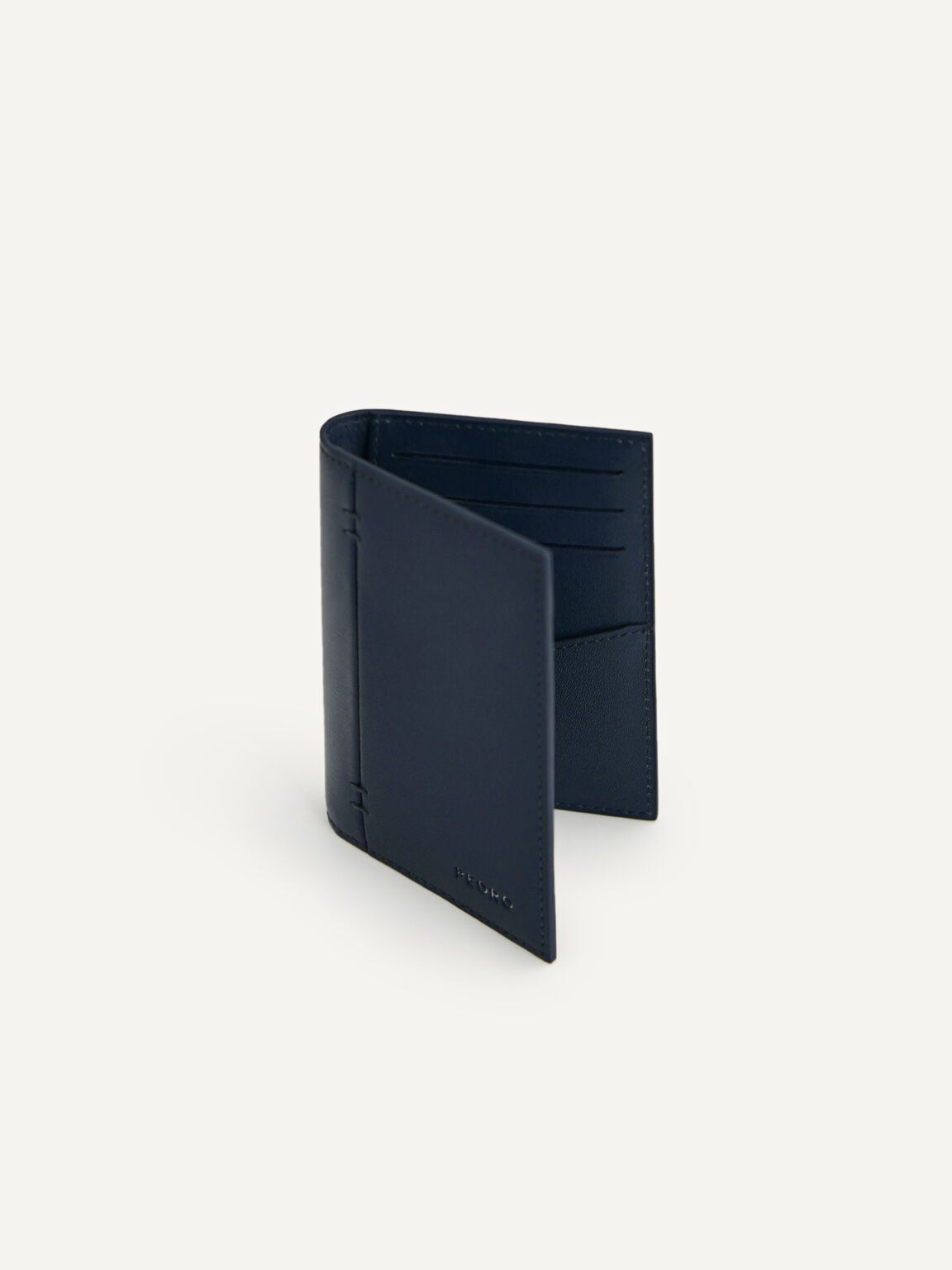 Textured Leather Bi-Fold Card Holder, Navy