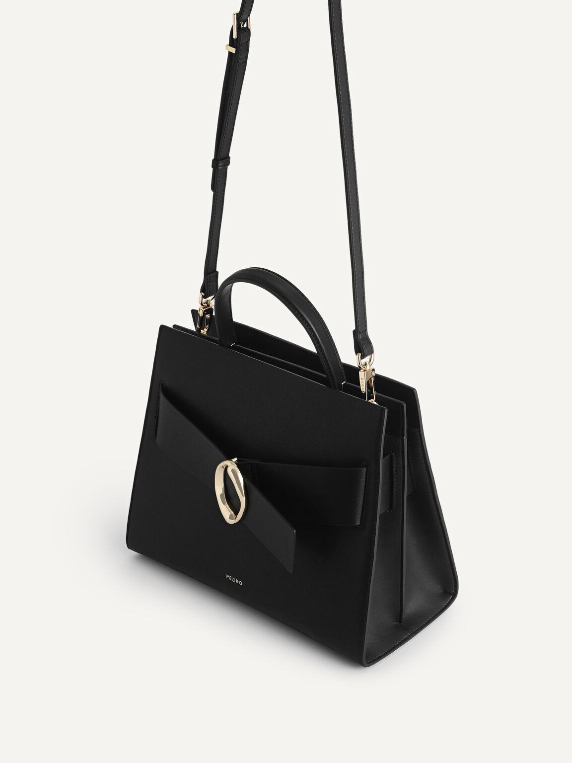 Structured Leather Top Handle Bag, Black