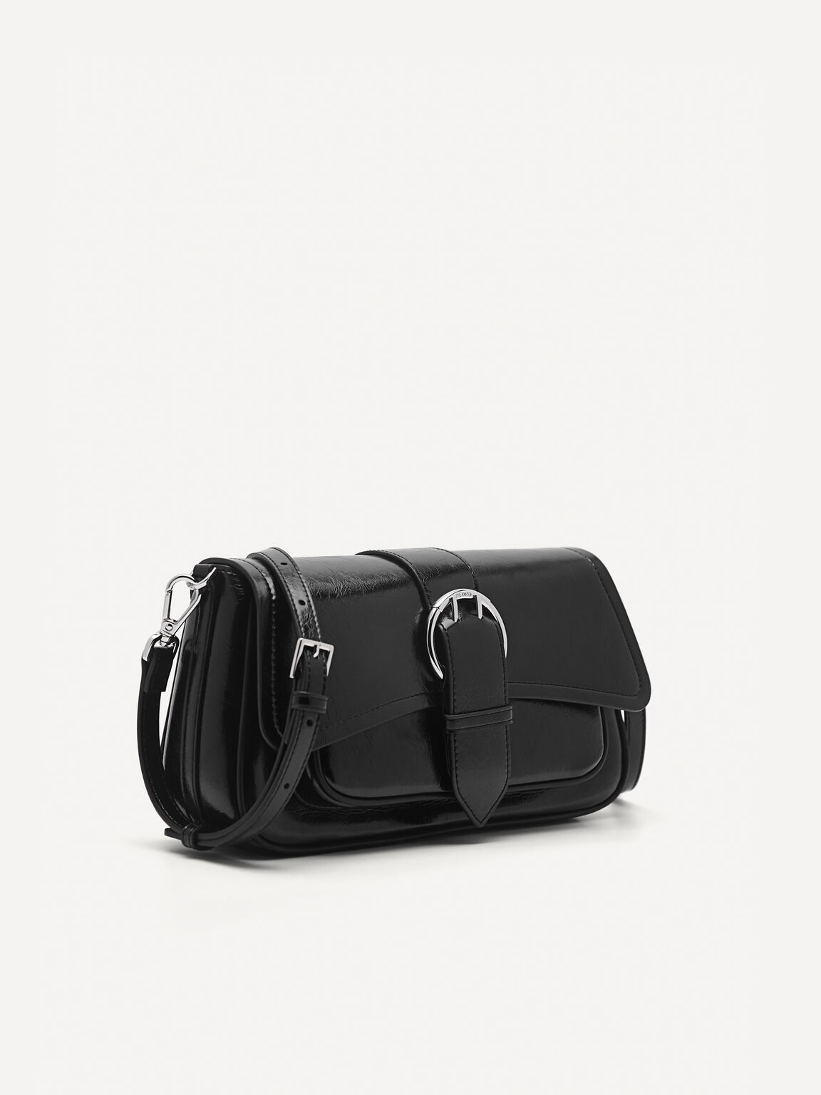 Buckle Shoulder Bag with Chain Detail, Black