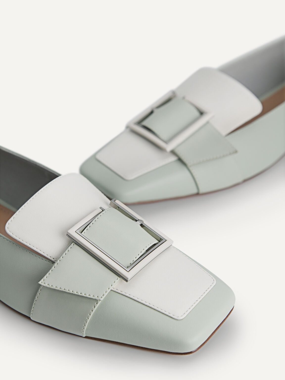Oversized Buckle Leather Flats, Light Green