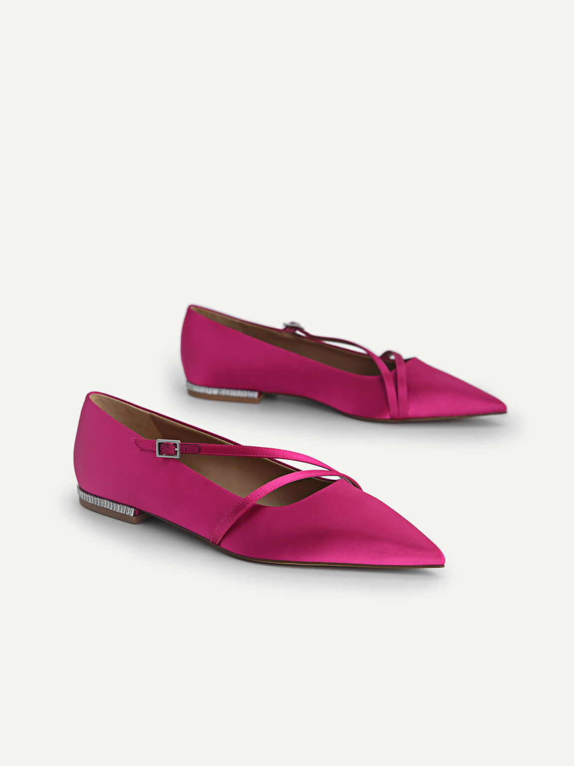 斜帶緞面尖頭平底鞋, 紫红色