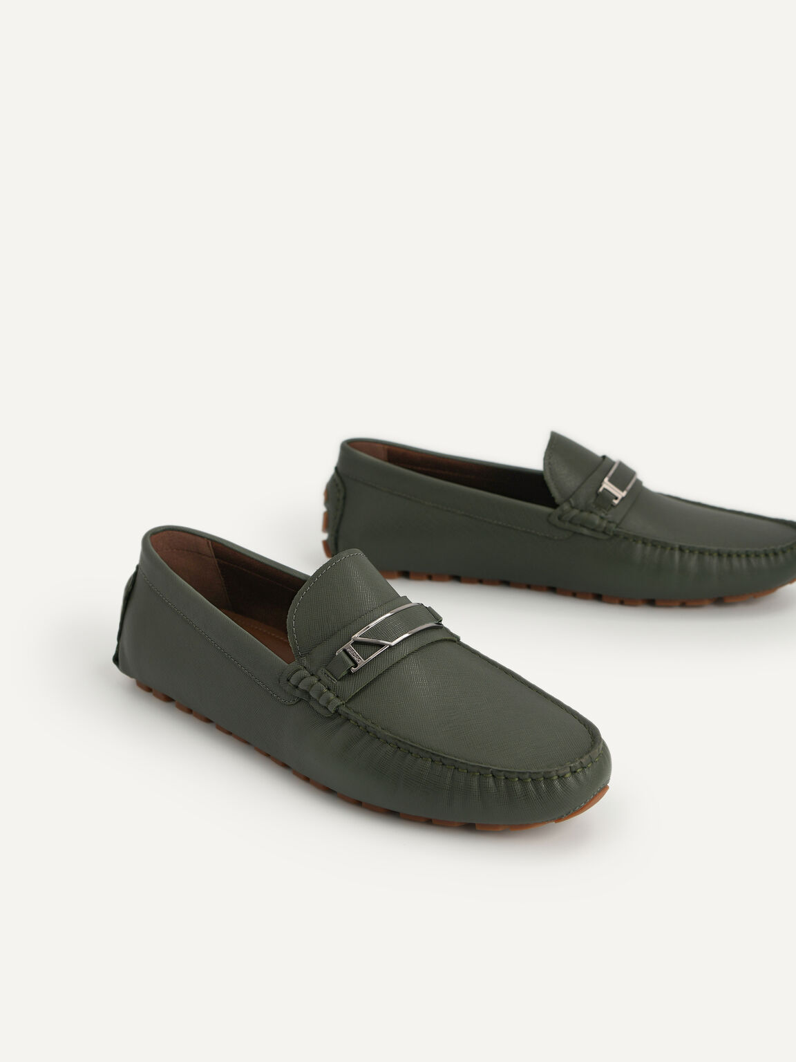Leather Moccasins with Metal Bit, Dark Green