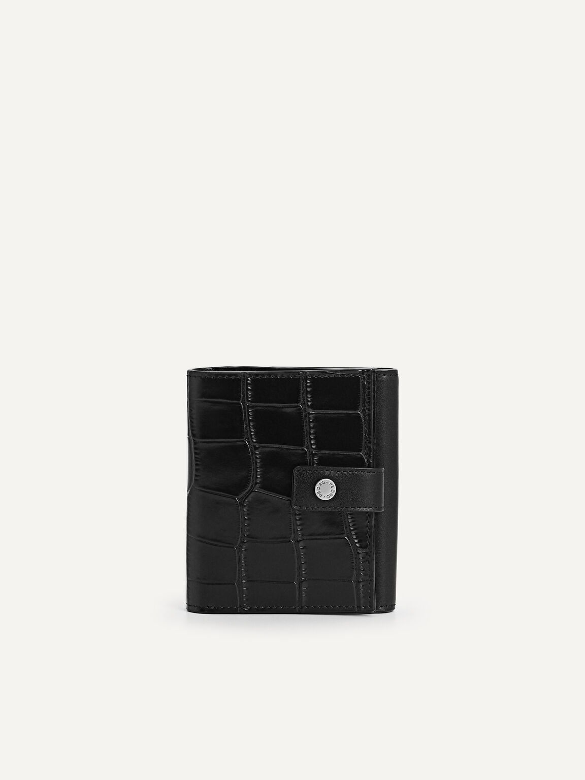 Leather Croc-Effect Tri-Fold Wallet, Black