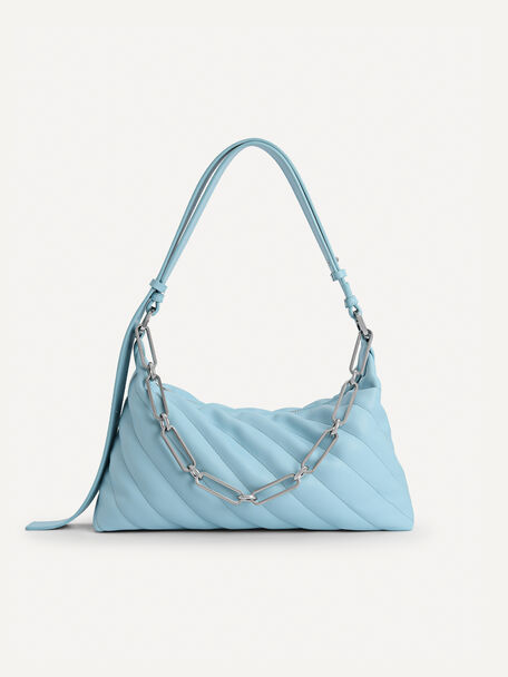 Quilted Shoulder Bag with Chain Strap, Light Blue