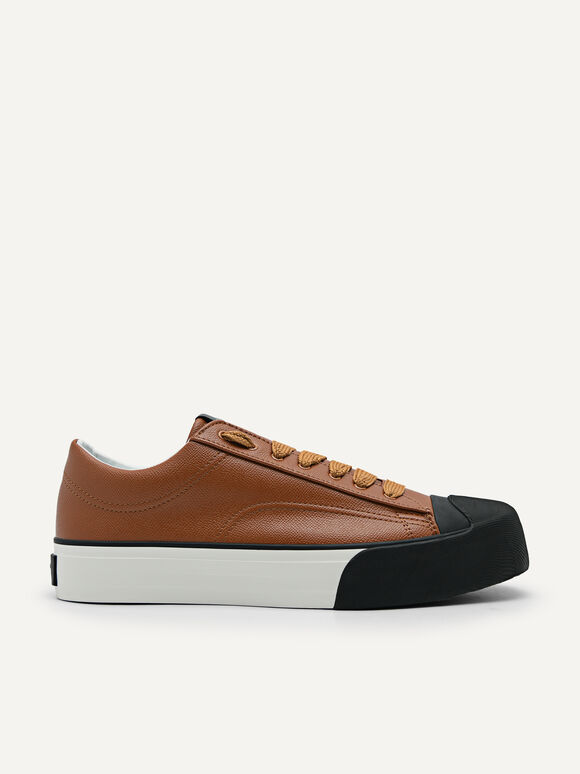 Low-cut Synthetic Leather Sneaker, Cognac