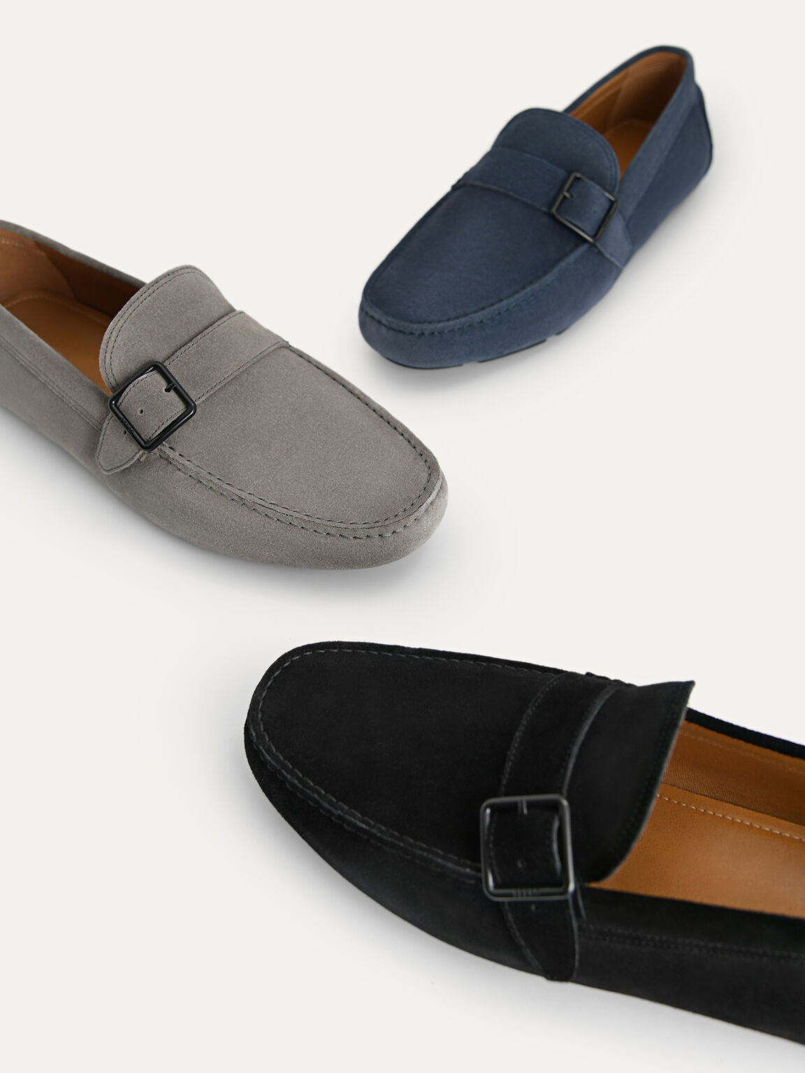 Suede Leather Moccasins with Buckle Detailing, Grey, hi-res