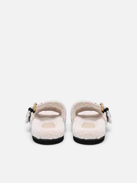 Iza Faux Shearling Leather Sandals, Dark Brown Fur