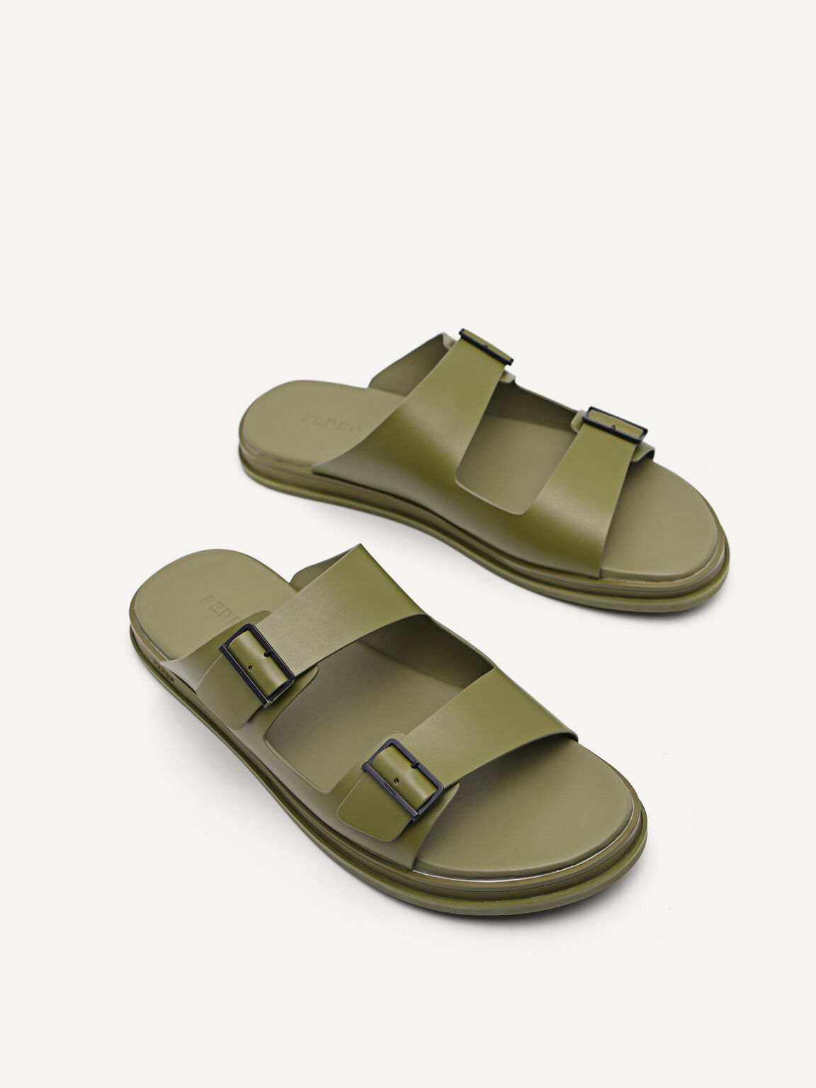 Monochrome Double Strap Slide Sandals, Olive