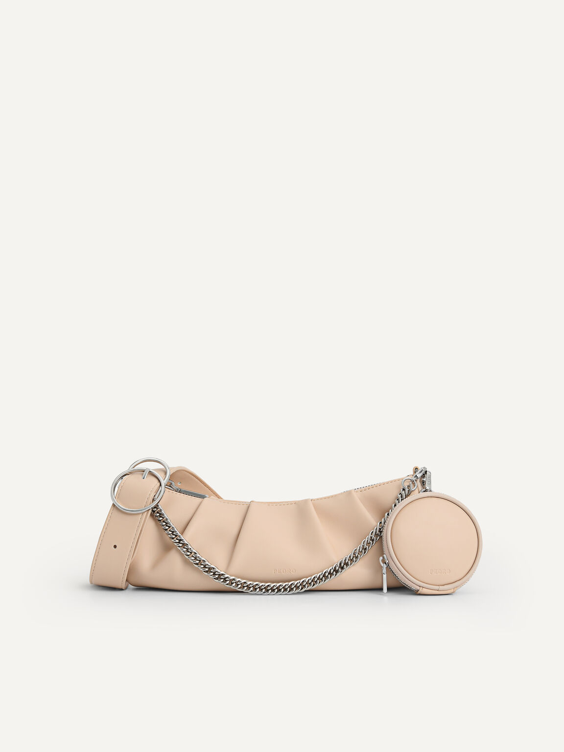 Chain Detailed Ruched Bowling Bag, Nude, hi-res