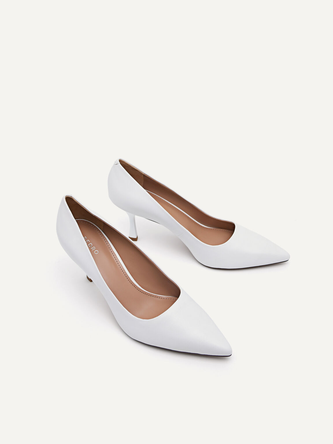 Pointed Leather Heeled Pumps, White, hi-res