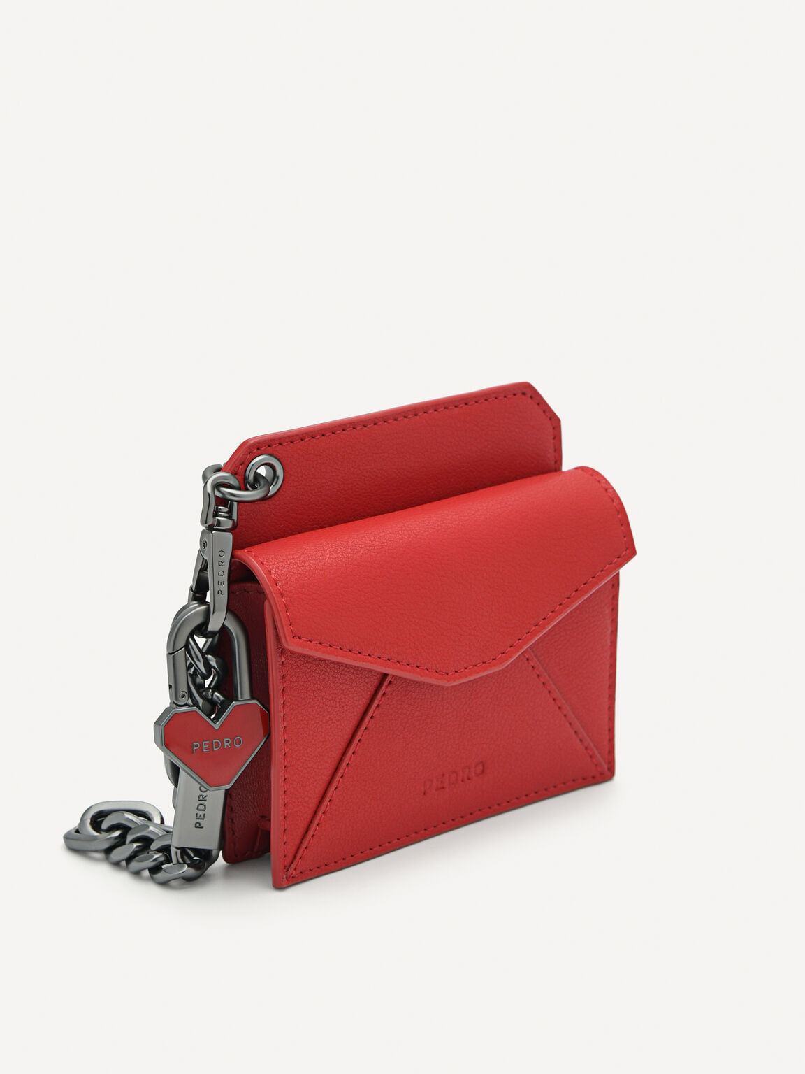 皮革雙折疊卡包帶鑰匙鏈, 红色