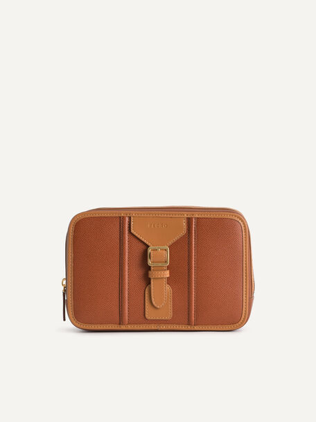Buckled Textured Leather Clutch, Cognac