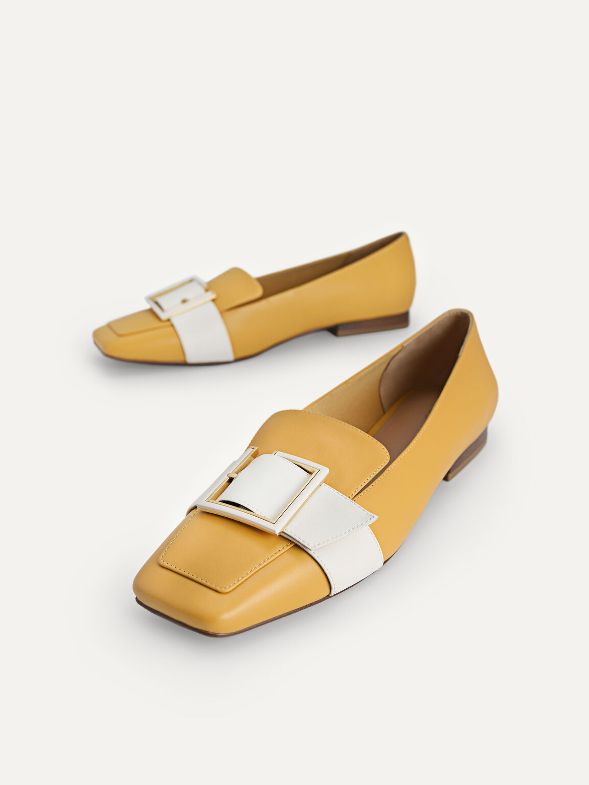 Oversized Buckle Leather Flats, Mustard, hi-res