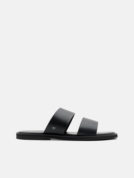 Leather Double-Strap Slide Sandals, Black