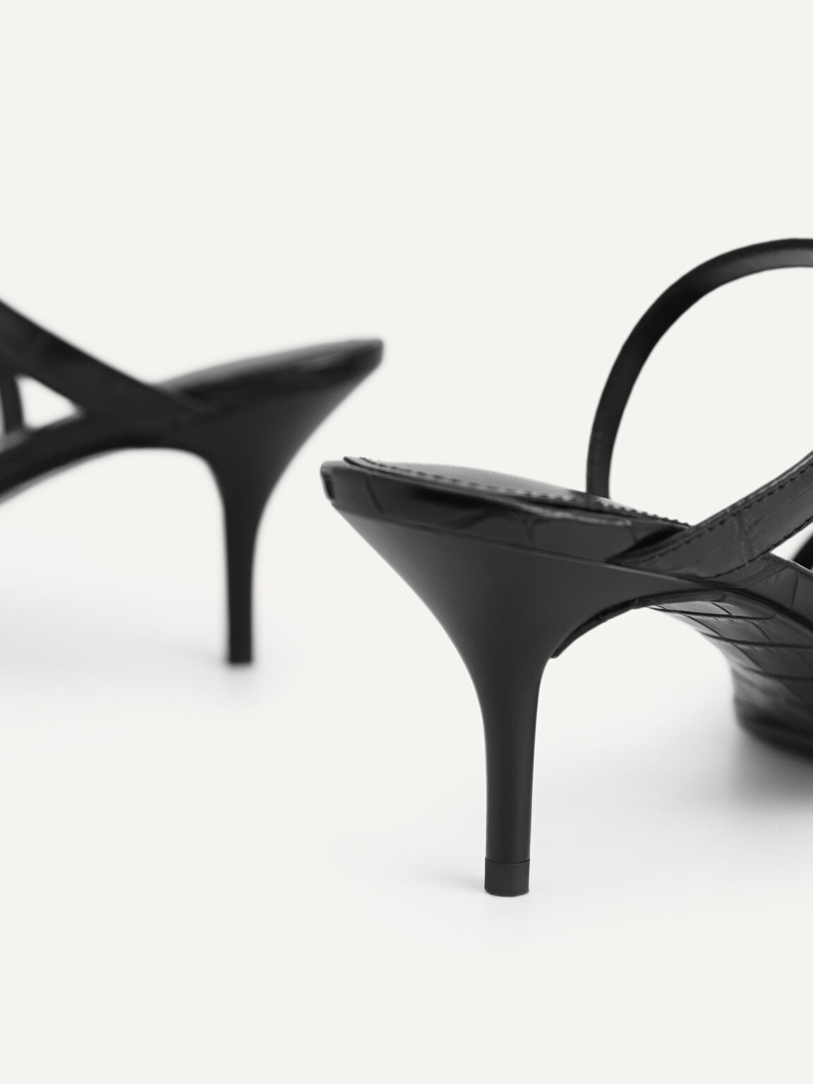Croc-Effect Leather Heeled Sandals, Black