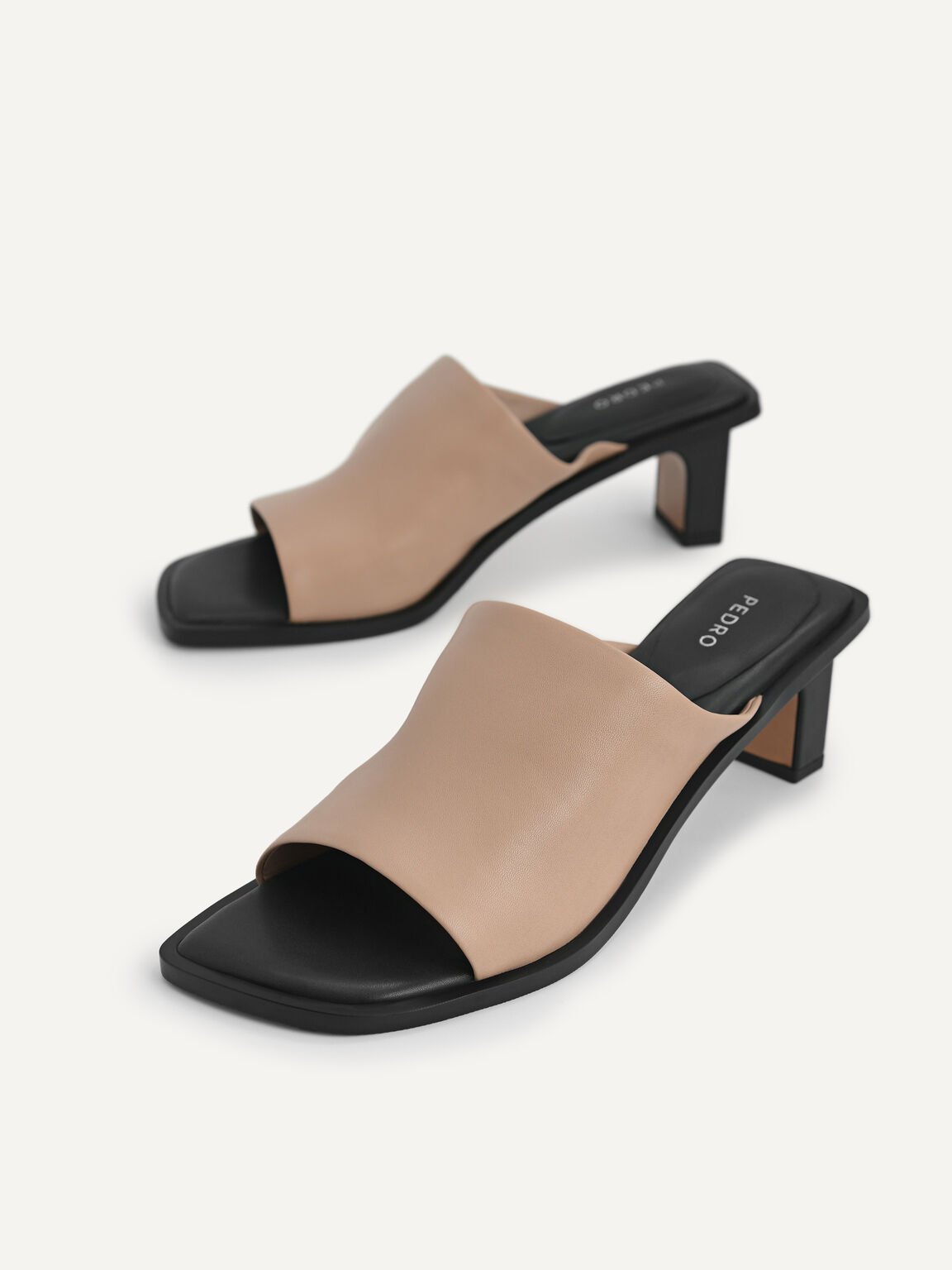 Leather Heeled Mules, Taupe, hi-res