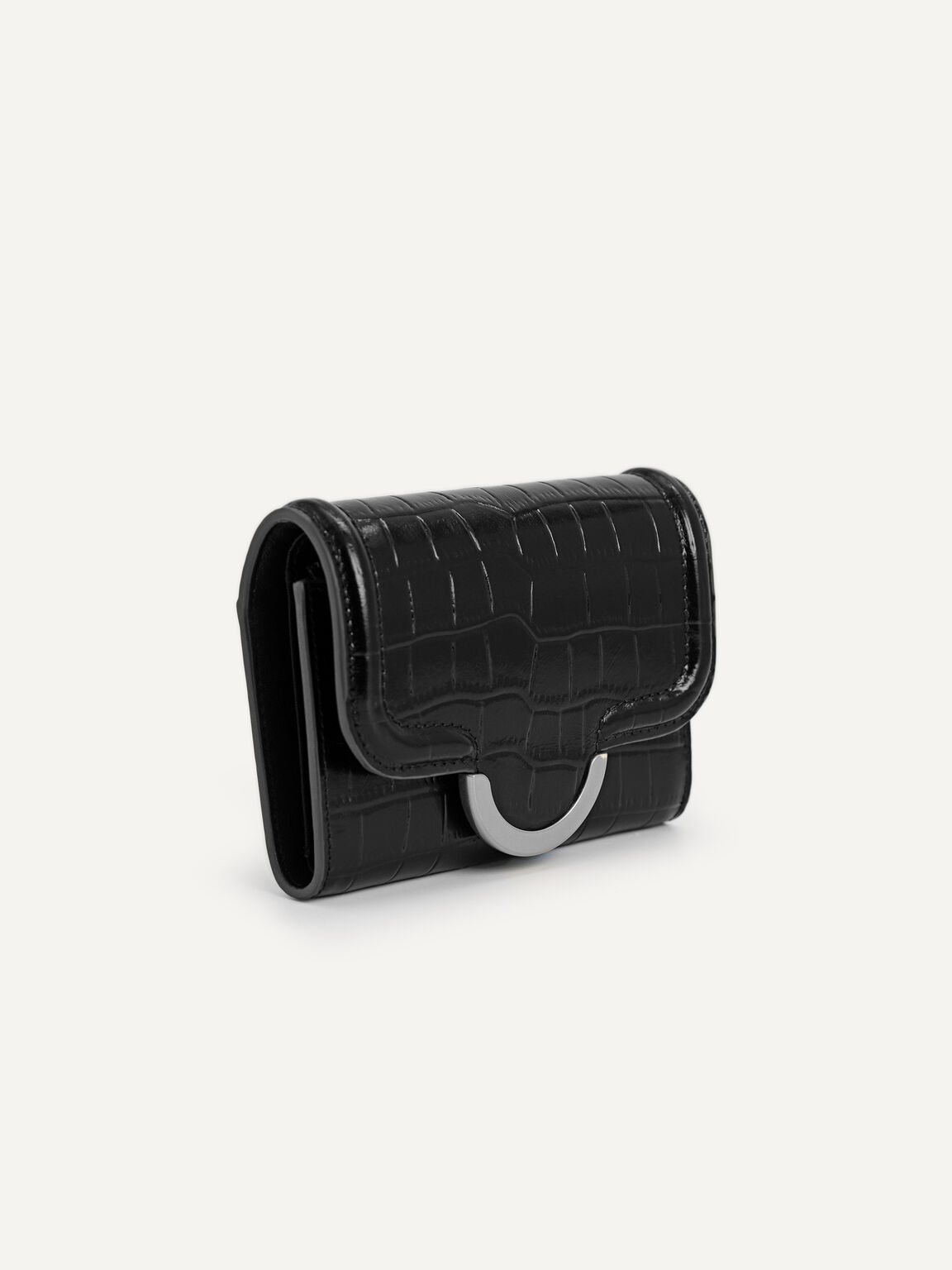 Croc-Effect Bi-Fold Wallet, Black, hi-res