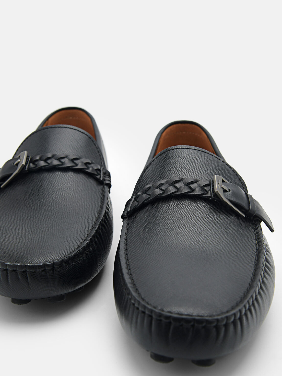 Saffiano Leather Driving Shoes, Black