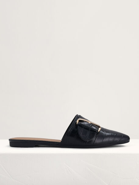 Croc-Effect Buckled Leather Mules, Black