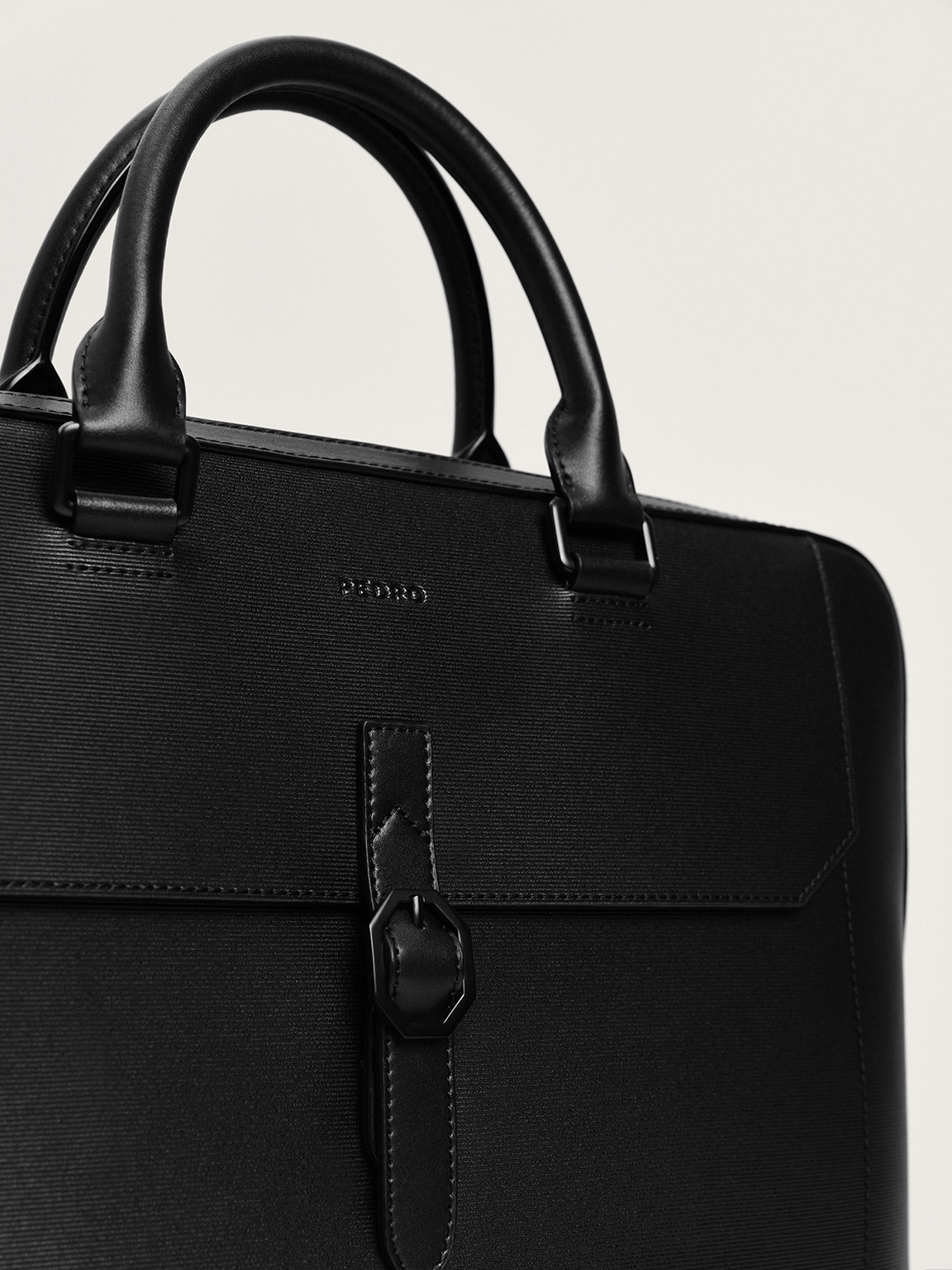 Leather Buckle Briefcase, Black
