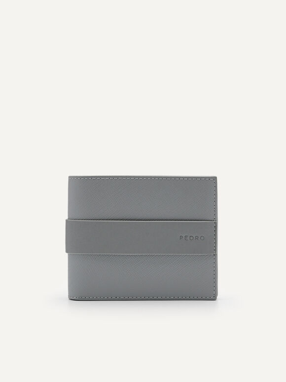Embossed Leather Bi-Fold Coin Wallet, Grey