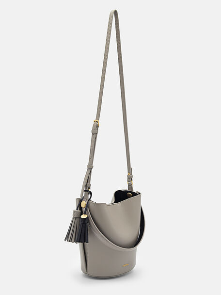 Mini Tassel Bucket Bag, Taupe
