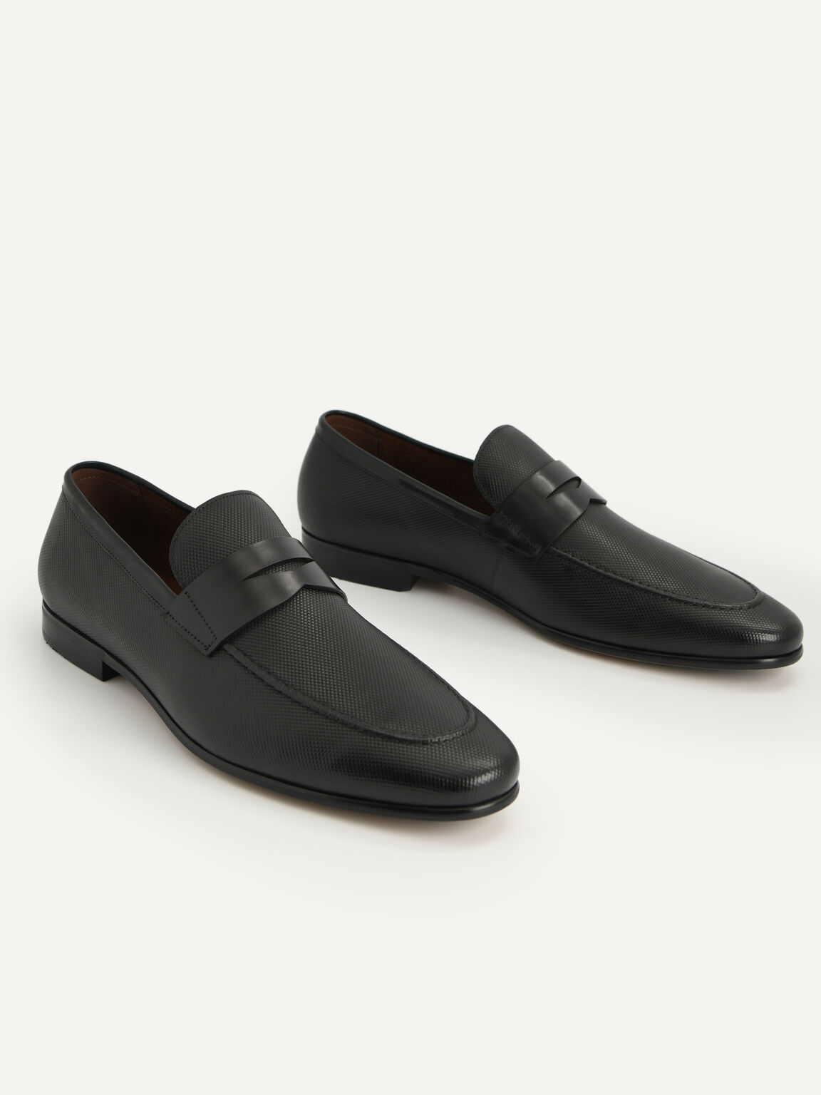 Textured Leather Penny Loafers, Black