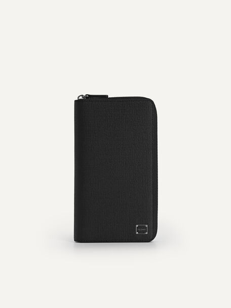Textured Long Leather Wallet, Black