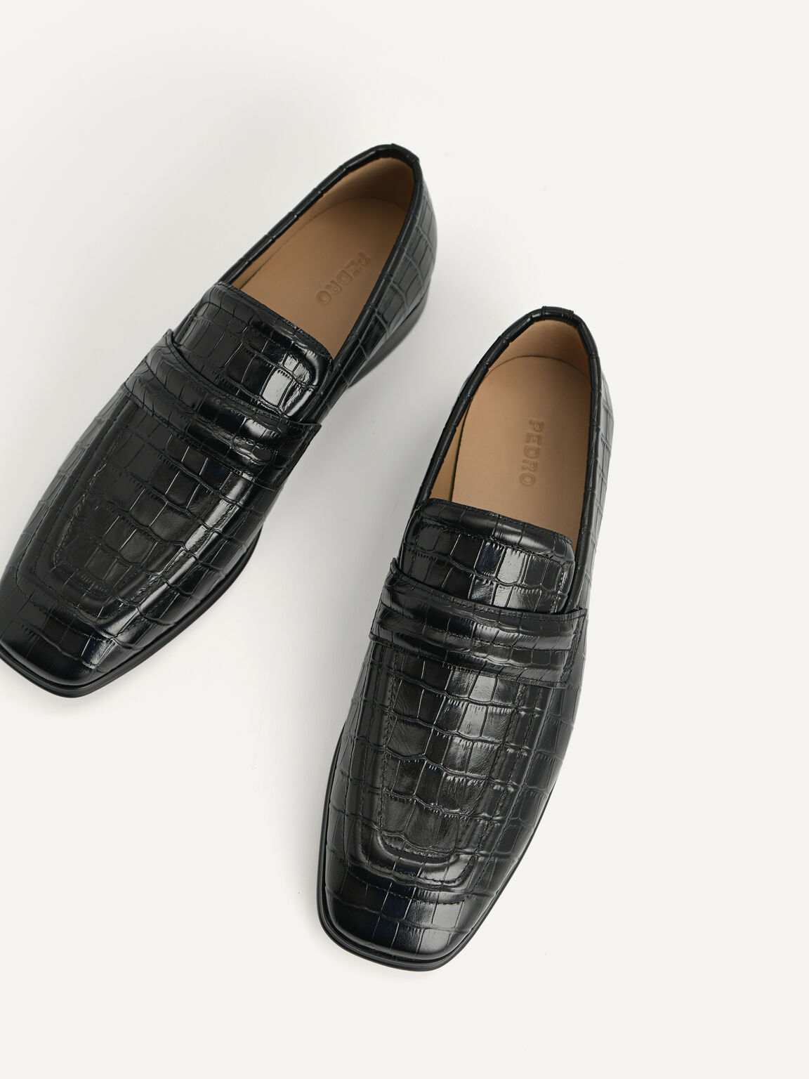 Croc-Effect Leather Loafers, Black