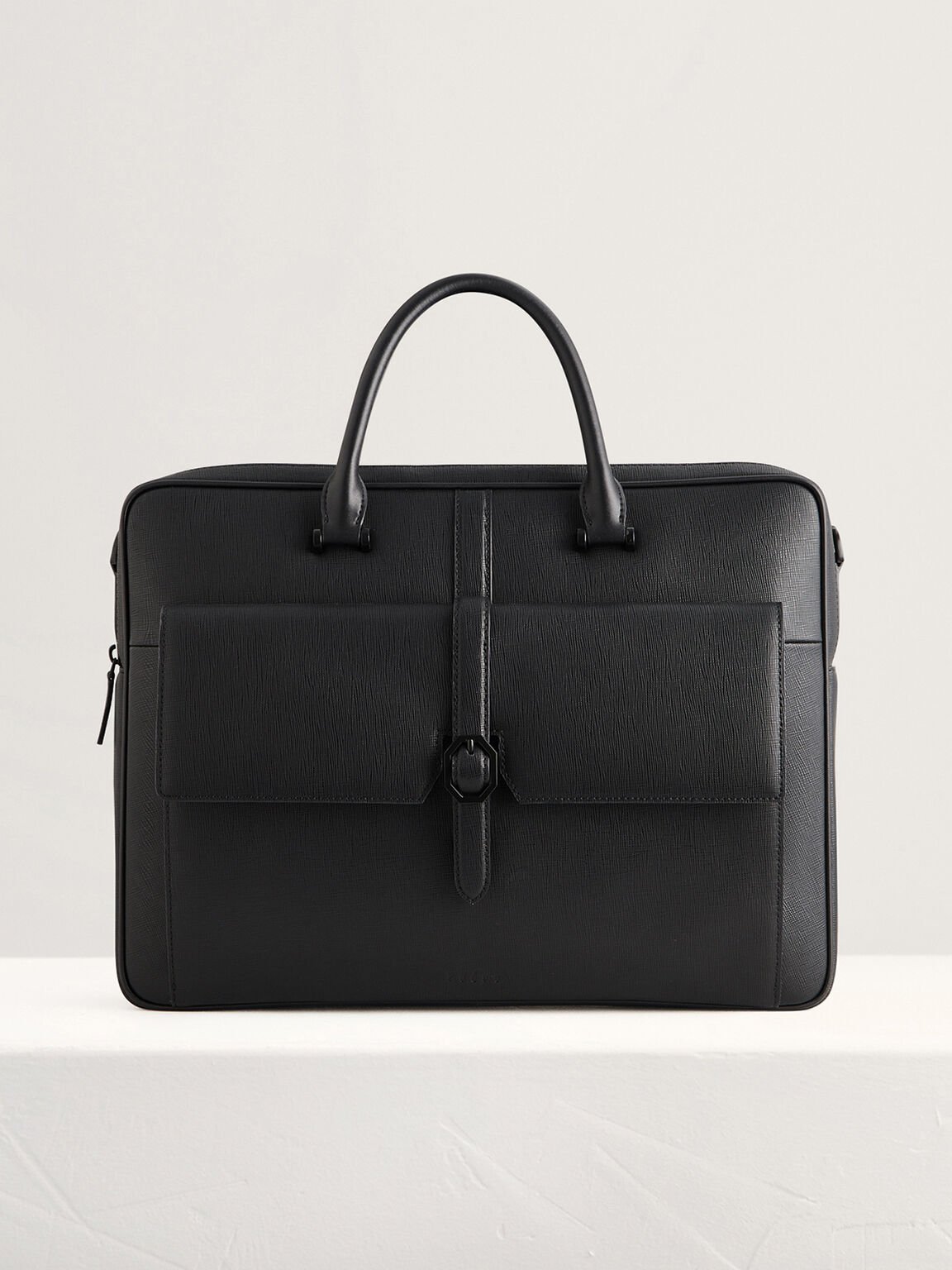 Leather Briefcase with Buckle Detail, Black, hi-res