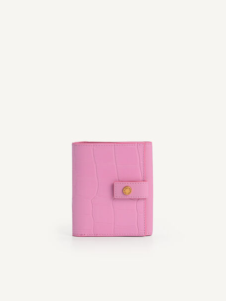 皮革鱷魚紋三折疊錢包, 粉色