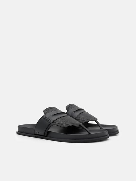 Tumbled Leather Penny Thong Sandals, Black Tumble