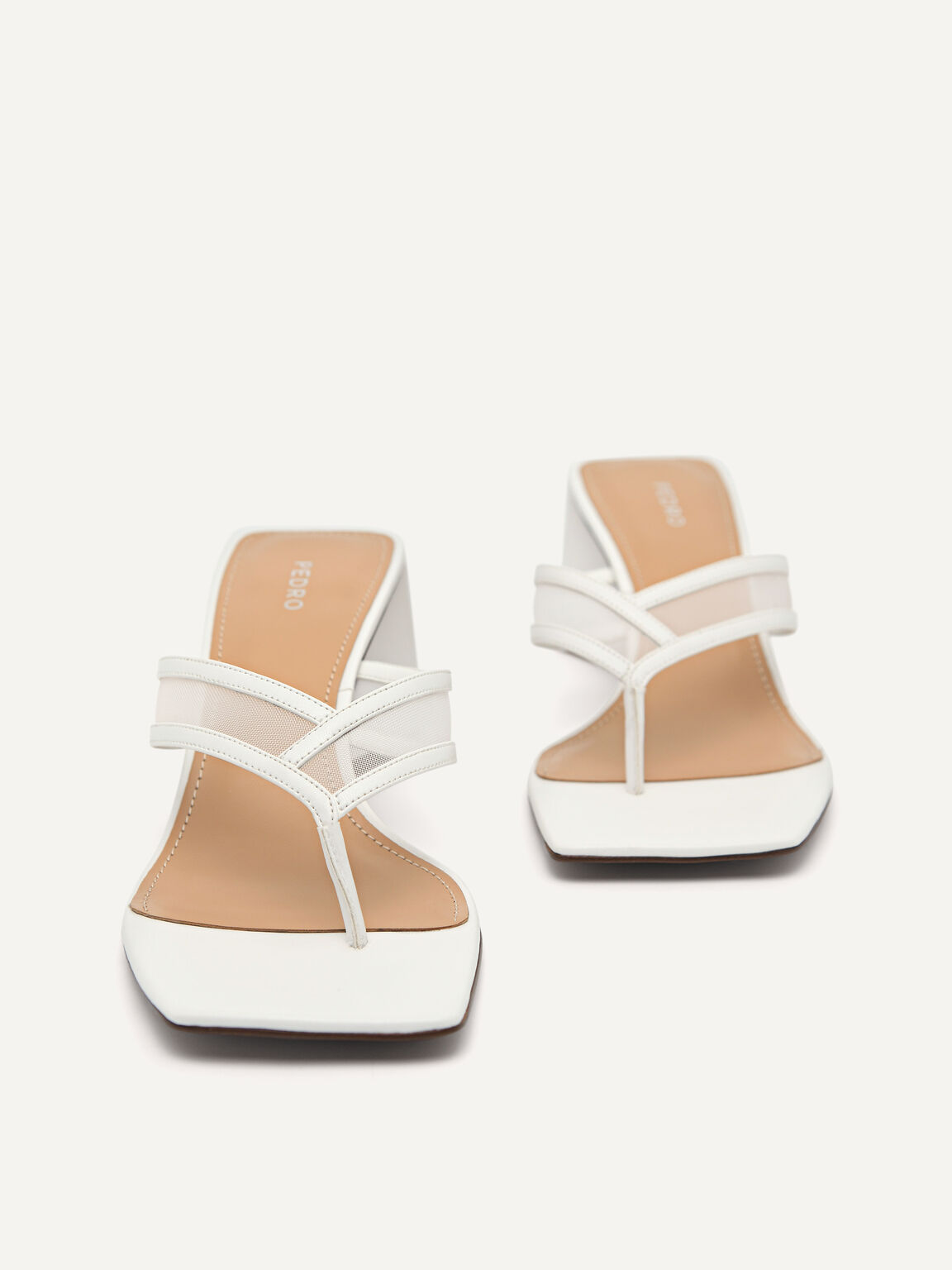 Mesh Thong Heeled Sandals, White
