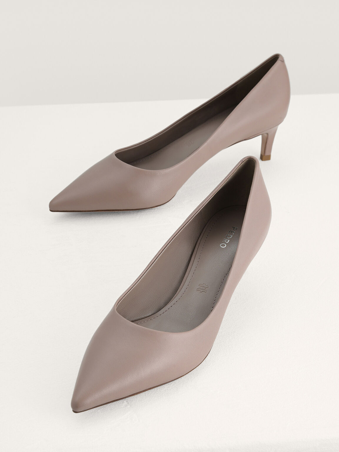 Leather Pointed Pumps, Taupe
