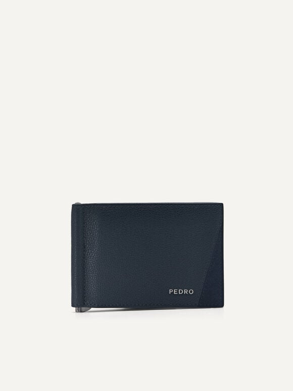 Leather Bi-Fold Card Holder with Money Clip, Navy