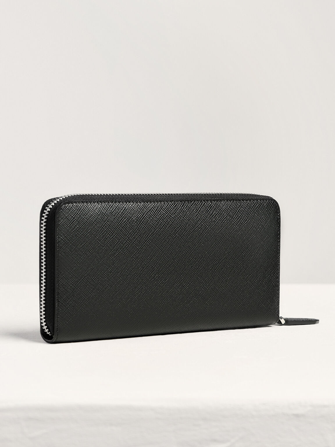 Oliver Embossed Leather Zip-Around Wallet, Black