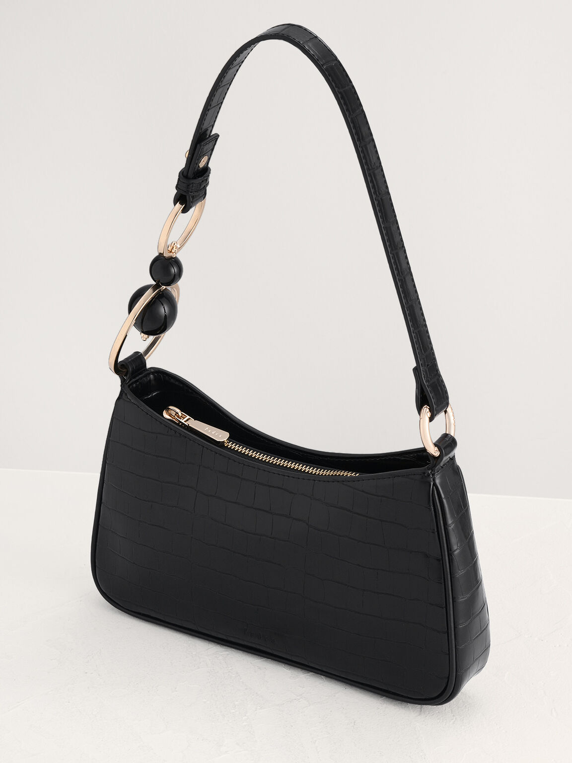 Acrylic Embellished Croc-Effect Embossed Shoulder Bag, Black