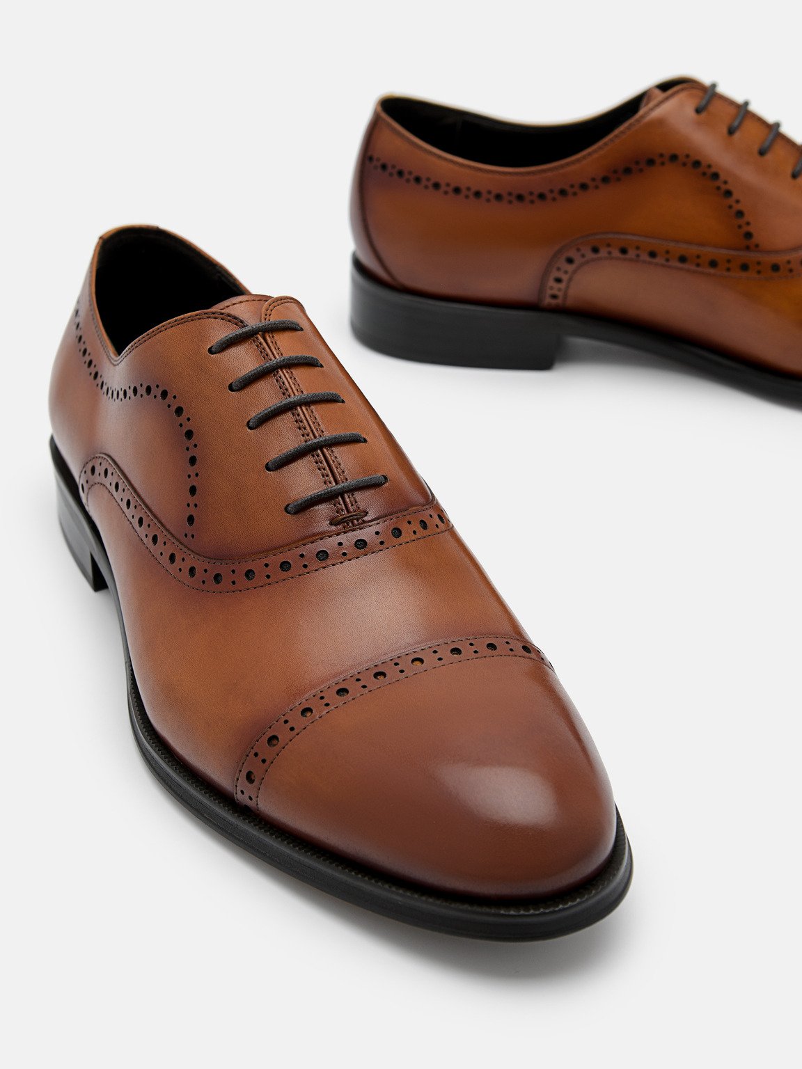 Leather Brogue Oxford Shoes, Cognac