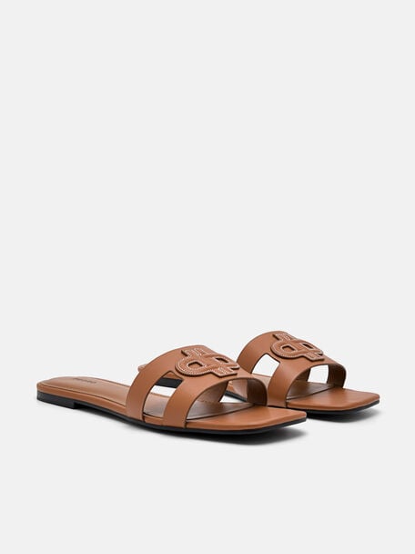 Leather Slip-On Sandals, Cognac