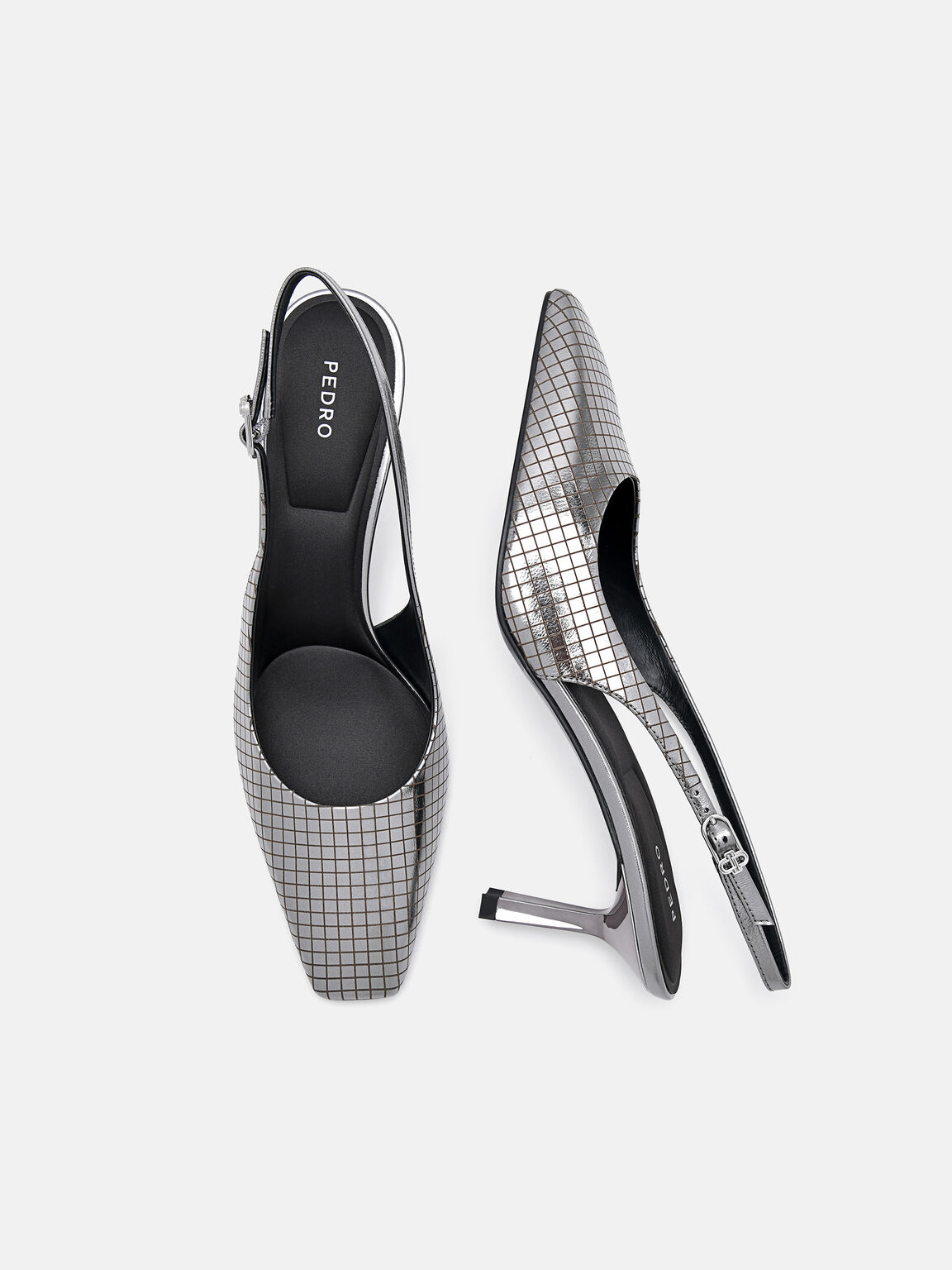 Metallic Leather Slingback Heel Pumps, Pewter