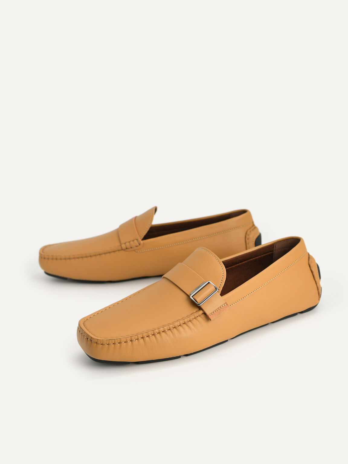 Leather Moccasins with Buckle Detail, Camel, hi-res
