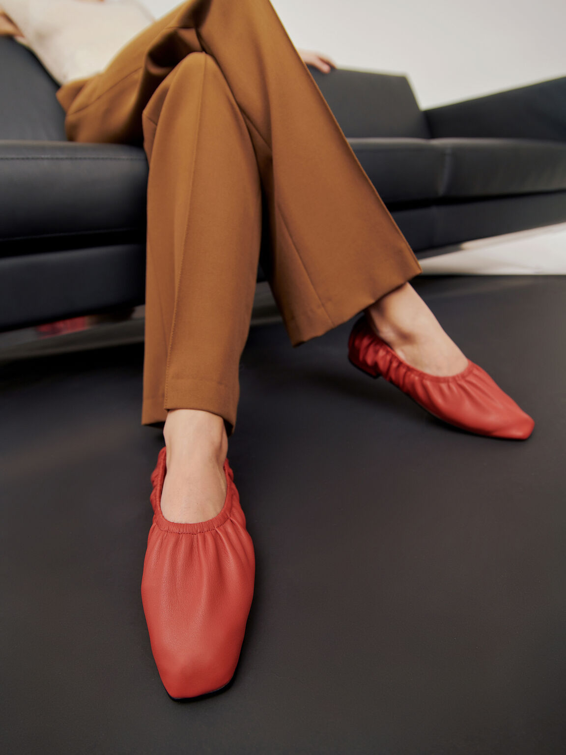 Ruched Leather Flats, Brick