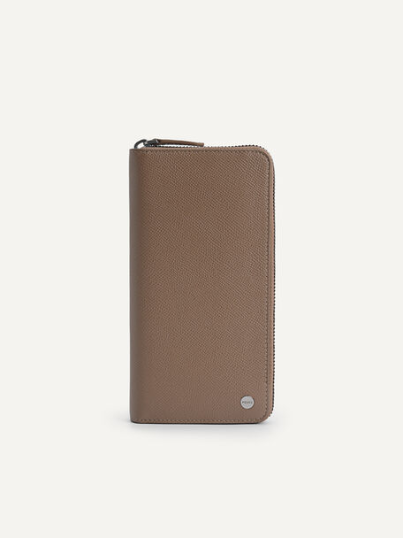 Textured Leather Long Wallet, Taupe