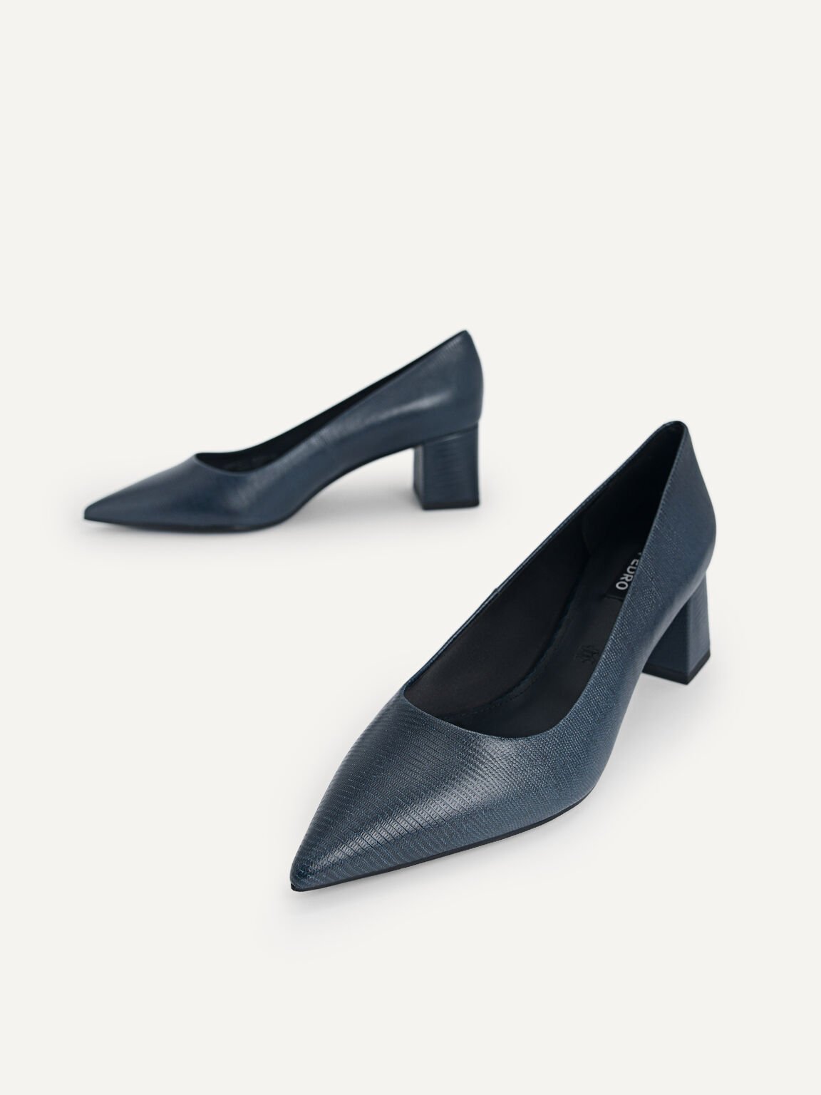 Lizard-Effect Leather Pointed Toe Pumps, Navy