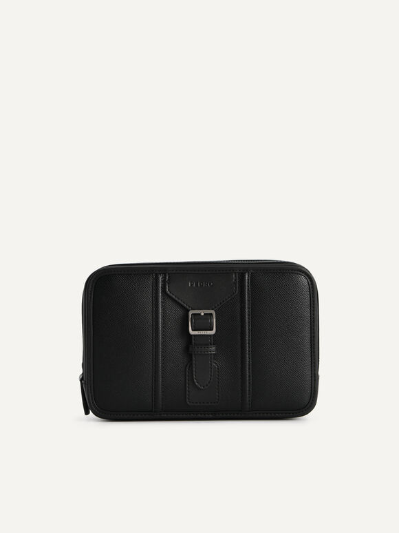 Buckled Textured Leather Clutch, Black