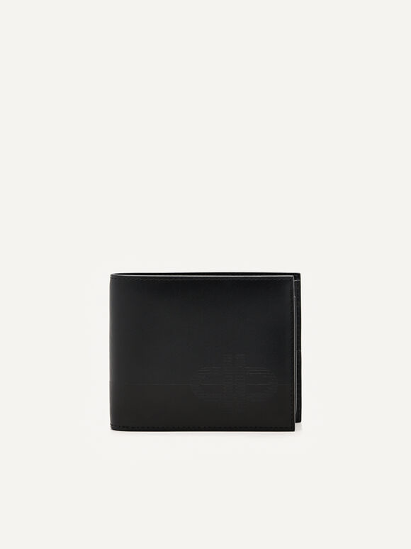 PEDRO標誌皮革雙折疊錢包配貼袋, 黑色