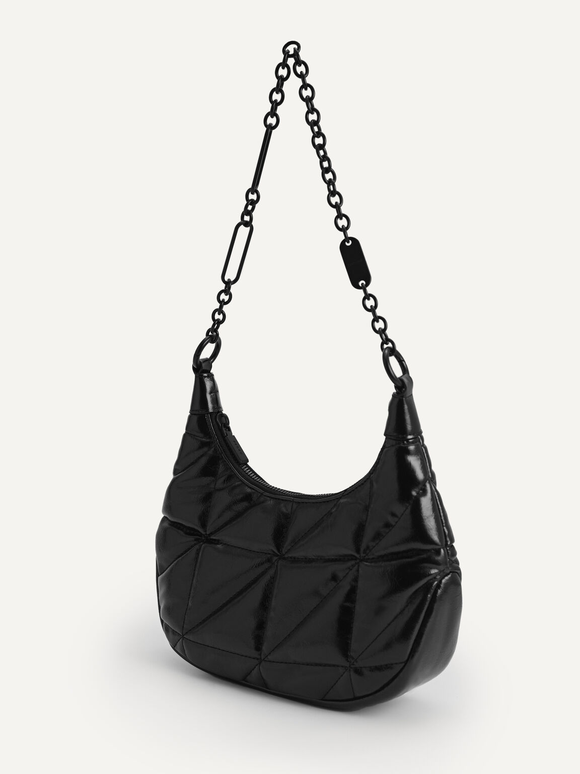 Crinkled Chain Shoulder Bag, Black, hi-res